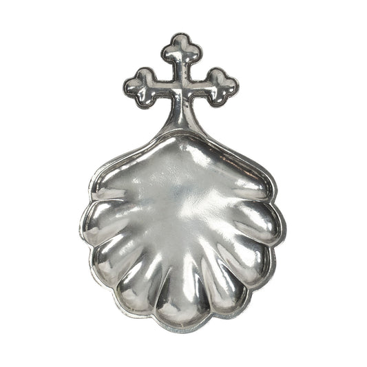 Salisbury Baptism Shell in pewter, shell-shaped with ornate cross finial, front view