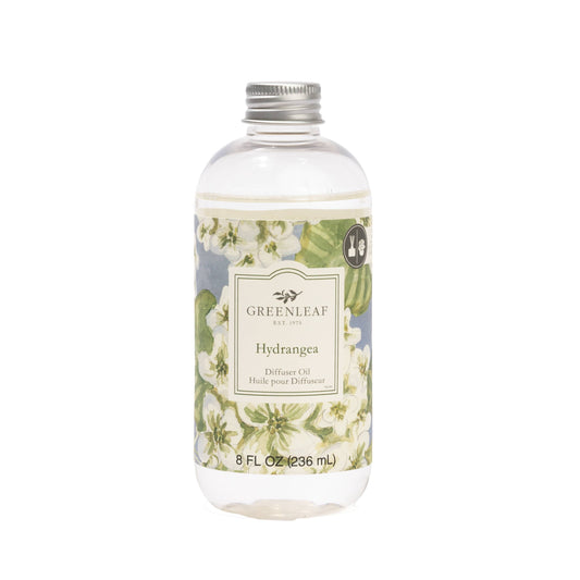 Greenleaf Gifts Hydrangea Diffuser Refill Oil, 8 FL OZ clear bottle with silver cap and cream-and-blue floral label