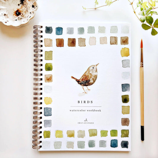 Emily Lex Studio Birds watercolor workbook cover with brown bird illustration and multicolor watercolor swatch border
