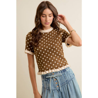So Me - POLKA DOT RUFFLED SHORT SLEEVES SWEATER KNIT TOP