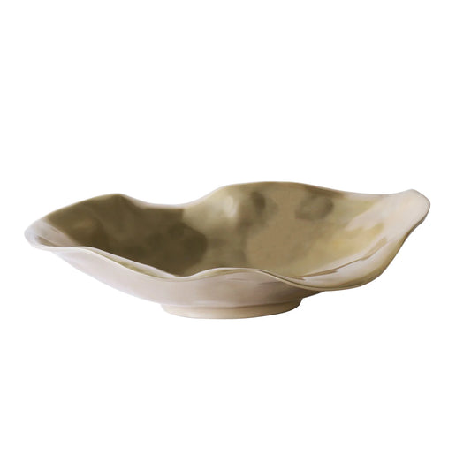 Beatriz Ball Sierra Modern Maia Medium Oval Bowl in gold with organic curved sides, angled view