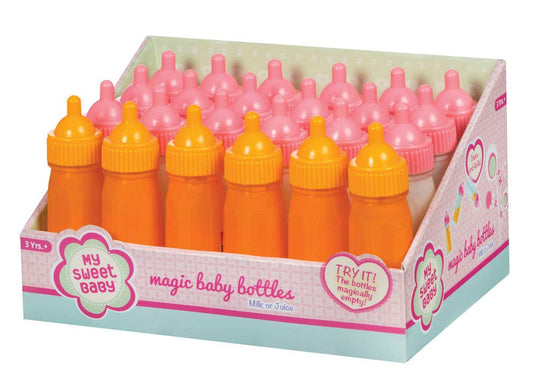 Toysmith My Sweet Baby magic bottles display with orange and pink plastic bottles in retail packaging