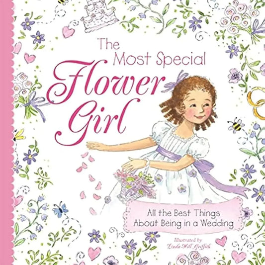 Sourcebooks The Most Special Flower Girl book cover featuring illustrated girl in white dress with purple bow scattering pink petals, floral border