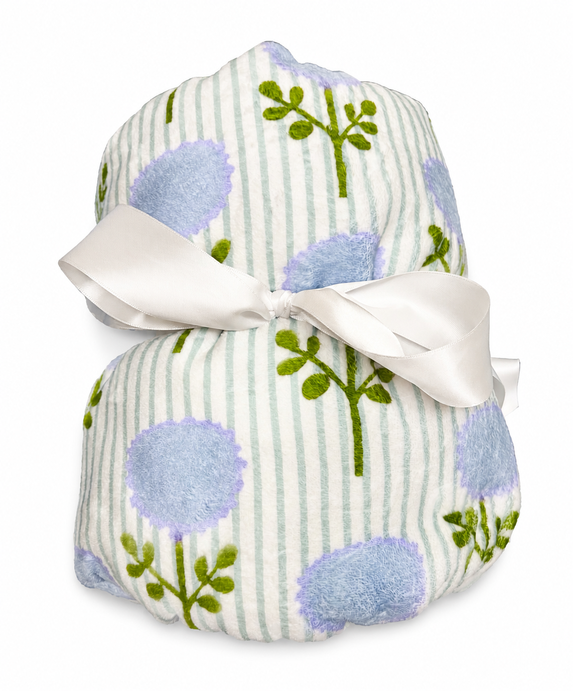 The Laura Park Marigold Ticking Stripe Blue Fleece Blanket by Laura Park Designs is a soft, cozy fleece blanket featuring green stripes and blue flower patterns, rolled up and tied with a wide white satin ribbon.