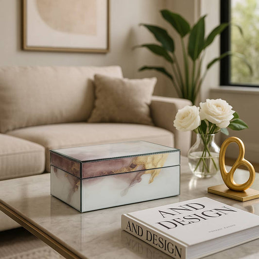 Sagebrook Home Decorative Box with brown and gold watercolor marble pattern displayed on living room coffee table