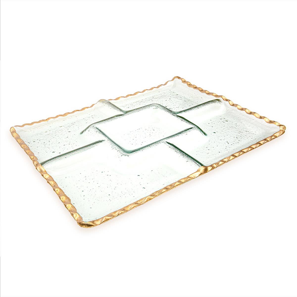 Elevate your next dining occasion with The Royal Standard - Bonaparte Chip and Dip Serving Tray. Featuring four compartments and a clear rectangular glass design, this elegant tray is adorned with a textured gold-colored trim around the edges. Perfect for presenting appetizers, it seamlessly complements gold dinnerware and adds a stylish touch to any setting, as displayed here on a white background.