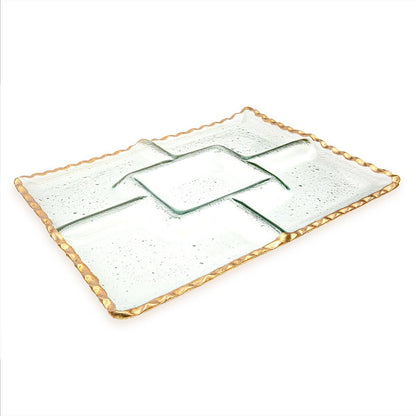 Elevate your next dining occasion with The Royal Standard - Bonaparte Chip and Dip Serving Tray. Featuring four compartments and a clear rectangular glass design, this elegant tray is adorned with a textured gold-colored trim around the edges. Perfect for presenting appetizers, it seamlessly complements gold dinnerware and adds a stylish touch to any setting, as displayed here on a white background.