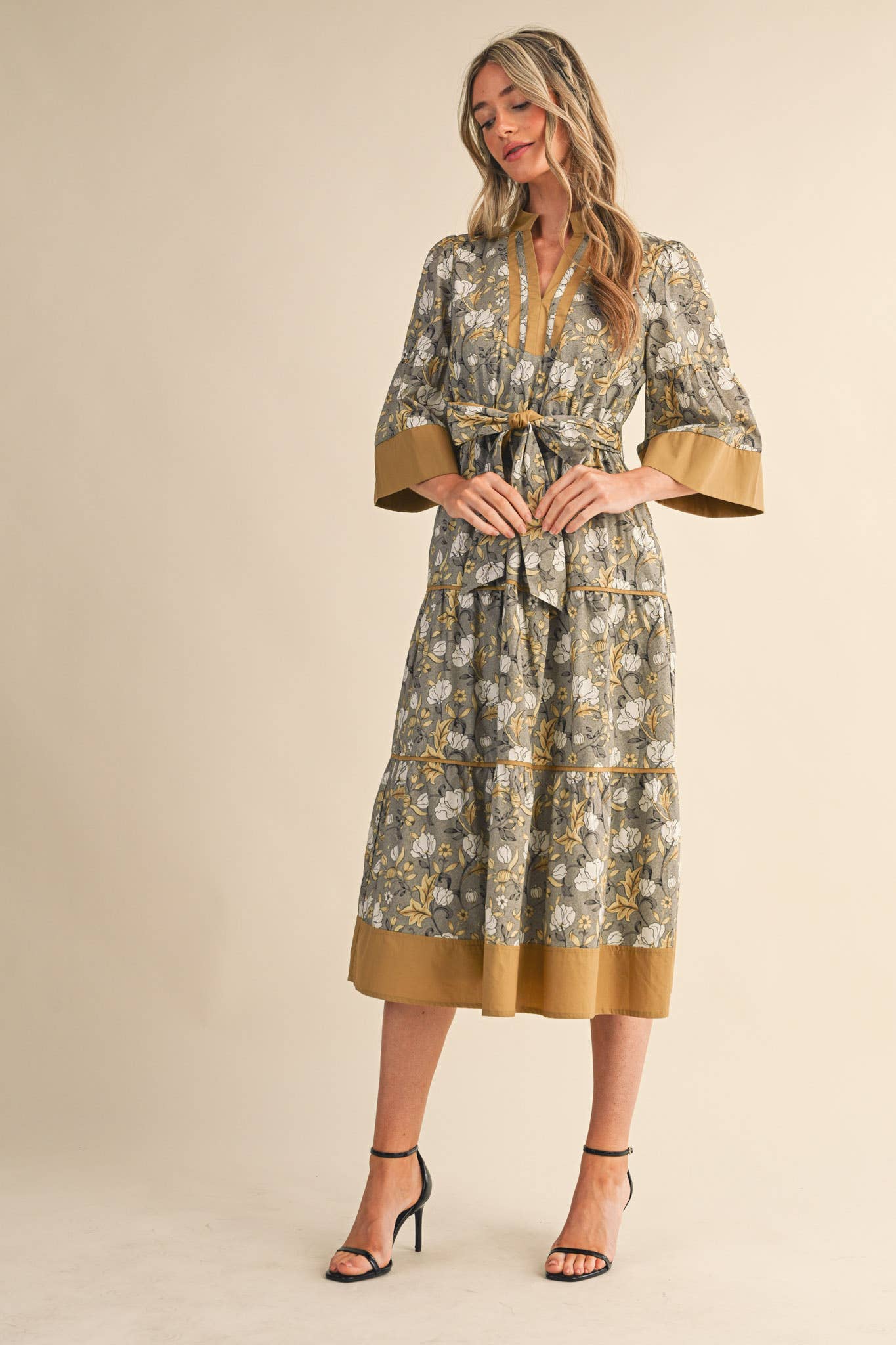 &MERCI - FLORAL PRINT CONTRAST BINDING BELTED MIDI DRESS