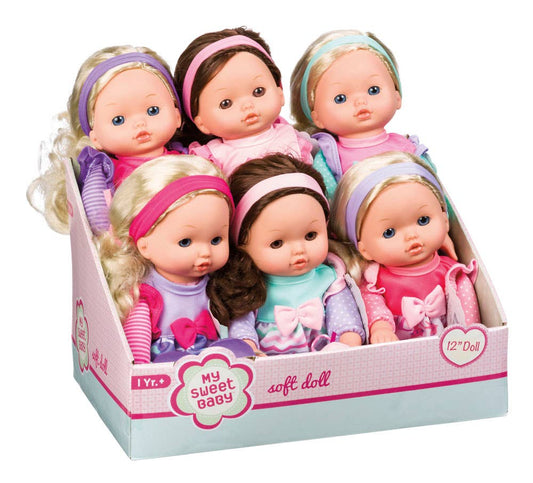 Six Toysmith My Sweet Baby 12-inch soft dolls in display box with colorful hair ribbons and outfits