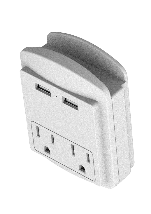 The LAX Gadgets - Charge Surge Protector, a white wall plug adapter by LAX Gadgets, features two USB ports on top and two electrical outlets below, along with built-in surge protection for enhanced safety. It is photographed against a white background.