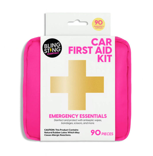 Bling Sting Car First Aid Kit in hot pink case with gold cross, 90 pieces