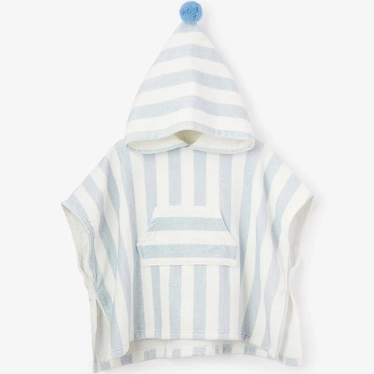 Elegant Baby beach poncho coverup in blue and white stripes with pom-pom hood trim, back view