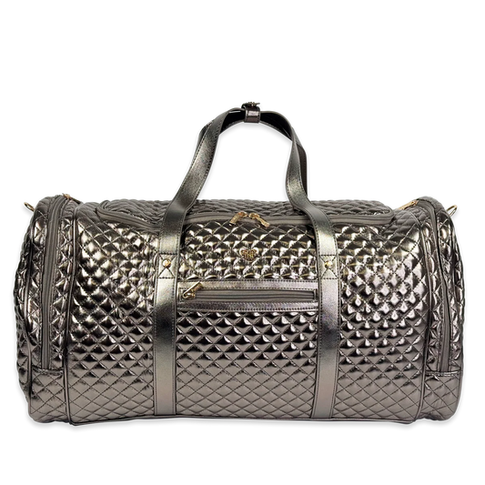 PurseN Signature VIP Duffle Bag in gunmetal quilted fabric with gray handles, front view