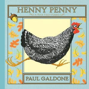 Henny Penny by Paul Galdone book cover with hen illustration and autumn leaf border design
