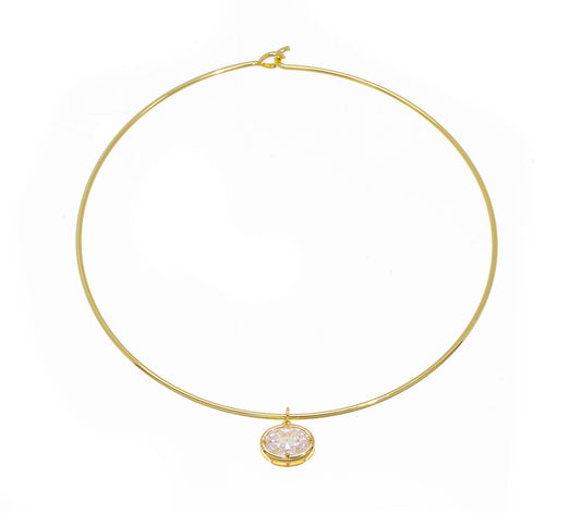Jewel Pledge - Round Pendant on Gold Wire Choker Necklace