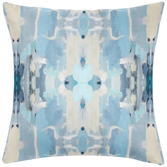 Laura Park Designs Ocean Breeze pillow angled view showing blue and cream abstract brushstroke pattern