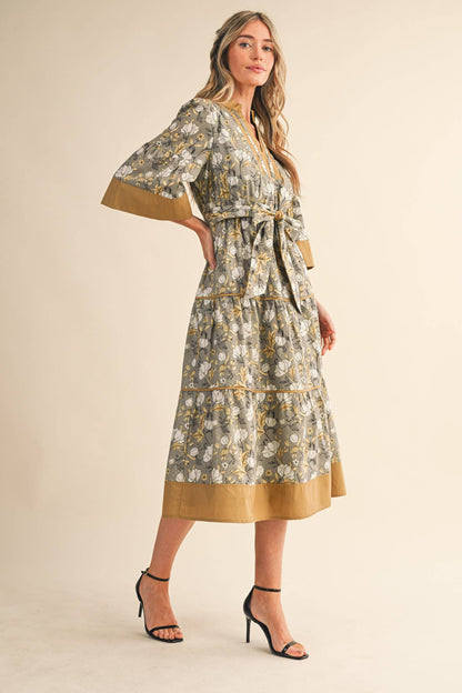 &MERCI - FLORAL PRINT CONTRAST BINDING BELTED MIDI DRESS