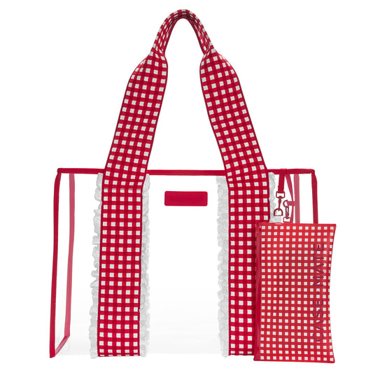 Case-Mate Cherry Gingham Jelly Tote with red and white gingham print, red handles, and matching ribbon bow accent