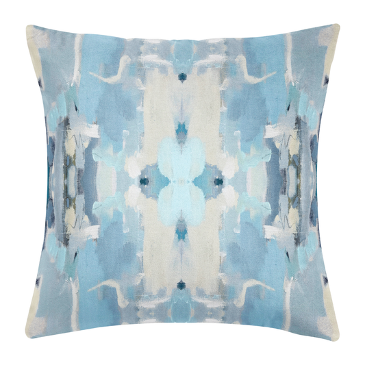 Laura Park Designs Ocean Breeze pillow with blue, cream, and navy ikat geometric pattern, front view