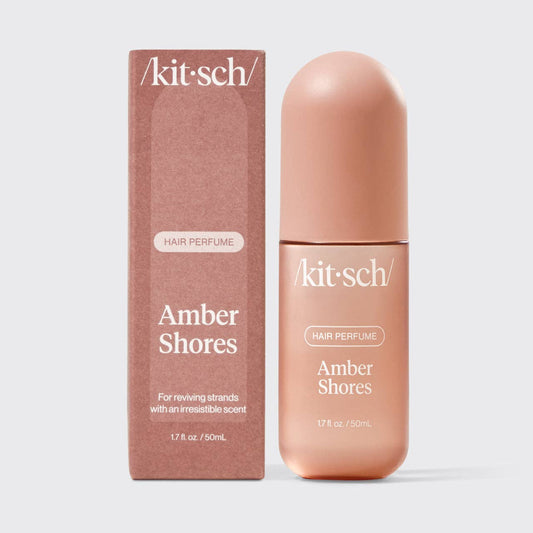 KITSCH Amber Shores hair perfume in peachy-nude bottle with matching cardboard box on white background