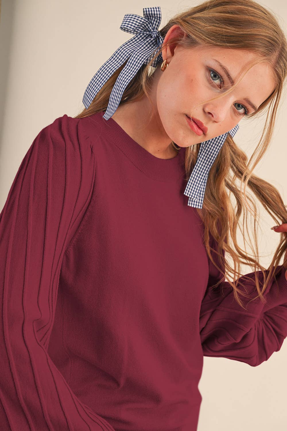 &MERCI - STRIPE TEXTURE PUFF SLEEVE SWEATER MSW9485