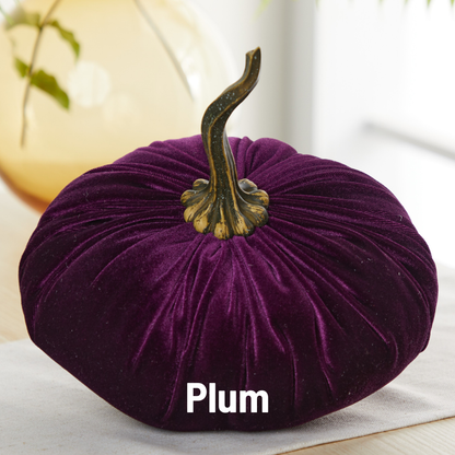 An extra-large velvet pumpkin in deep plum from Your Heart’s Content, featuring a twisted gold stem, sits elegantly on a table—making it a unique choice for holiday mantel décor. The product name, “Pumpkin Extra Large Velvet,” appears at the bottom of the image.