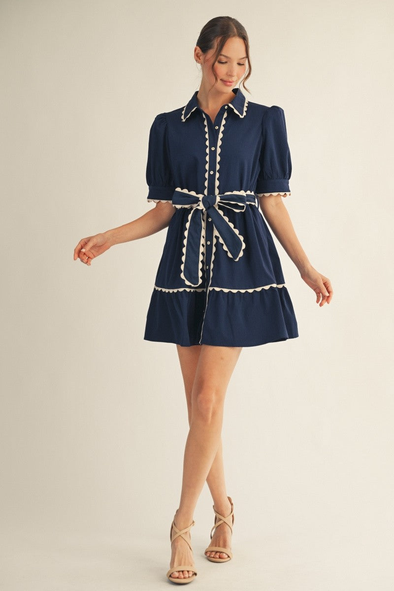 Jodifl Navy Scallop Trim Button Down Babydoll Dress full length front view with cream scalloped edges throughout