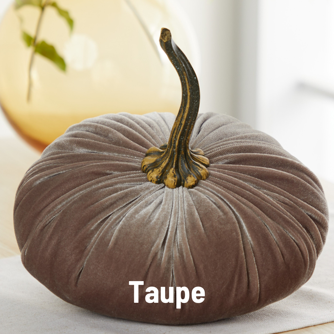 An extra large velvet pumpkin-shaped pillow from Your Heart’s Content, in a sophisticated taupe hue with a realistic stem, rests on a table—making it a charming fall accent and thoughtful gift for your holiday mantel décor. The words “Taupe – Your Heart’s Content” appear at the bottom of the image.