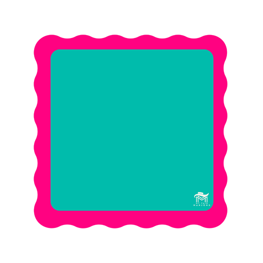My Fair Mahjong Color Wave mat in teal with hot pink scalloped border, 31" x 31