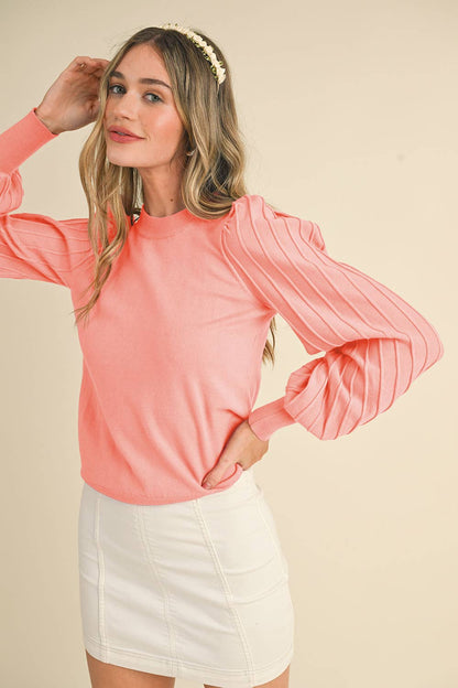 &MERCI - STRIPE TEXTURE PUFF SLEEVE SWEATER MSW9485