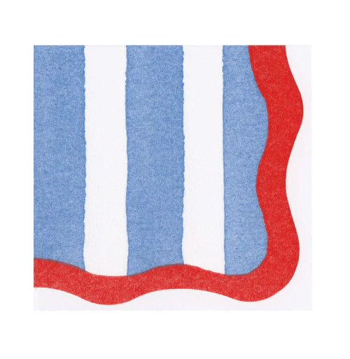 Caspari Cafe Stripe Scallop napkin with blue striped and white design and red scalloped edges