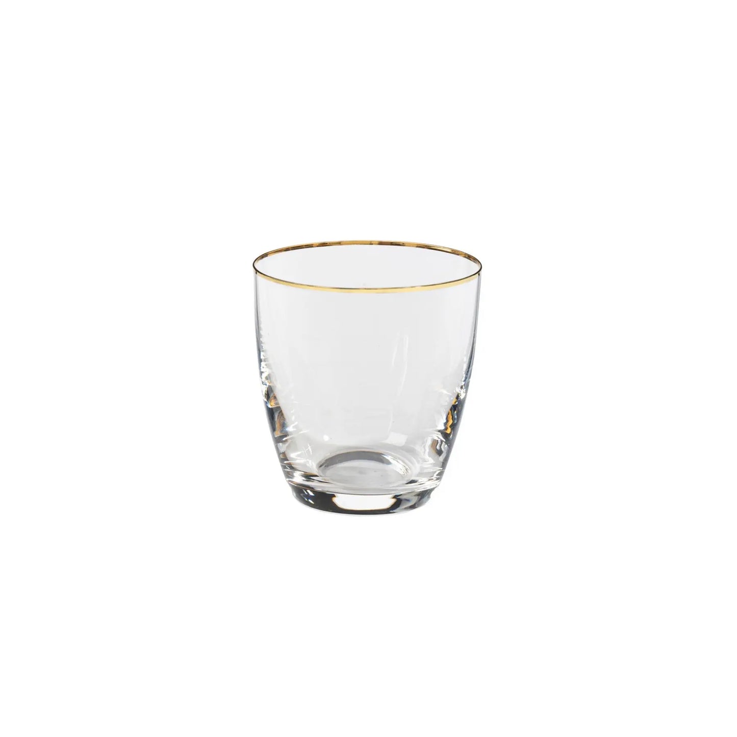 The Zodax Casafina "Sensa" gold rim low glass, featuring clear glass and a delicate gold band around the top edge, is displayed on a plain white background.
