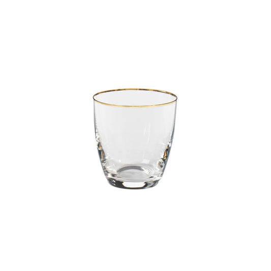 The Zodax Casafina "Sensa" gold rim low glass, featuring clear glass and a delicate gold band around the top edge, is displayed on a plain white background.
