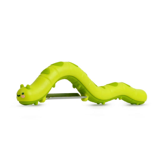 Fred CATERPEELER bright green segmented caterpillar-shaped vegetable peeler with small black eyes and pink nose
