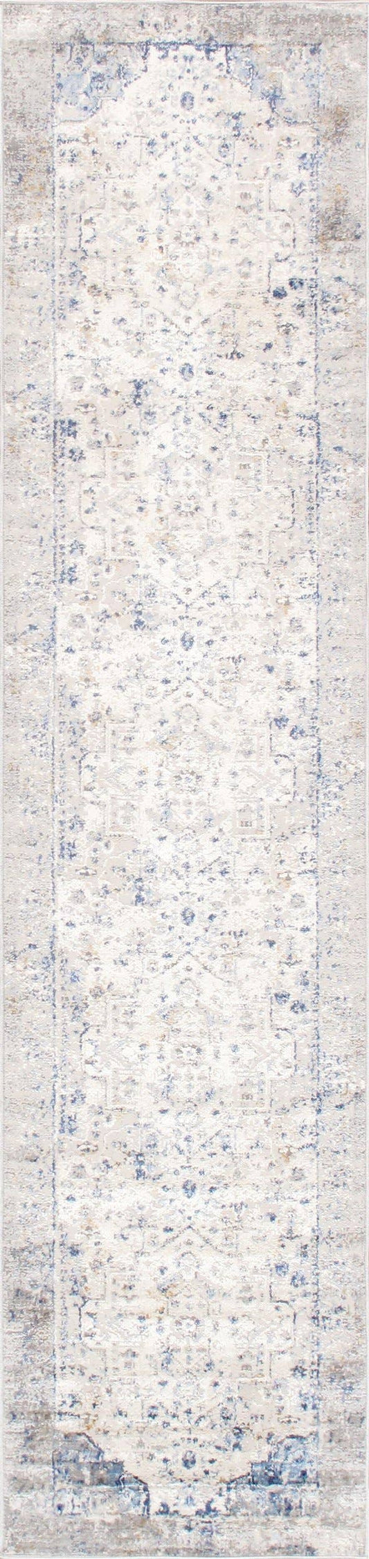 Pasargad Home Efes Oriental runner rug in light gray and light blue with distressed geometric pattern