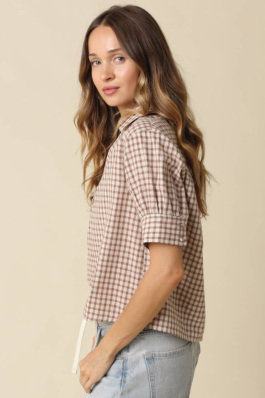 Olivaceous - Anni Gingham Puff Sleeve Blouse