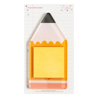 The Callie Danielle - Pencil Sticky Note Holder by Callie Danielle is a durable acrylic organizer shaped like a pencil. It holds a stack of yellow sticky notes and rests on a sheet of lined paper, making it a practical and charming back-to-school gift.