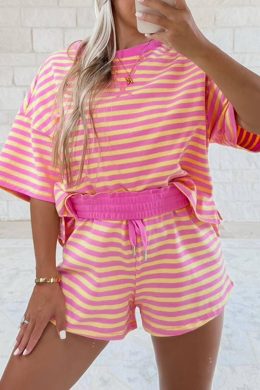 LA Society stripe contrast trim boxy terry short set in hot pink and yellow horizontal stripes, cropped front view