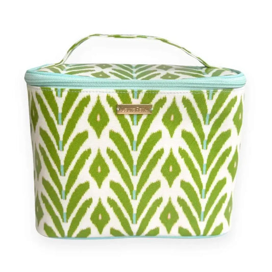 The Laura Park Train Case by Laura Park Designs is a rectangular polyester canvas bag featuring a green and white geometric leaf pattern, a zippered closure, a small top handle, and a gold front label. Its vinyl coating makes it easy to wipe clean for lasting style and convenience.