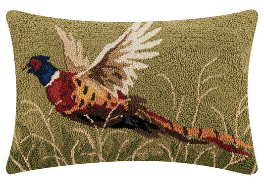 Peking Handicraft Pheasant Hook Pillow with colorful pheasant on olive green background, front view