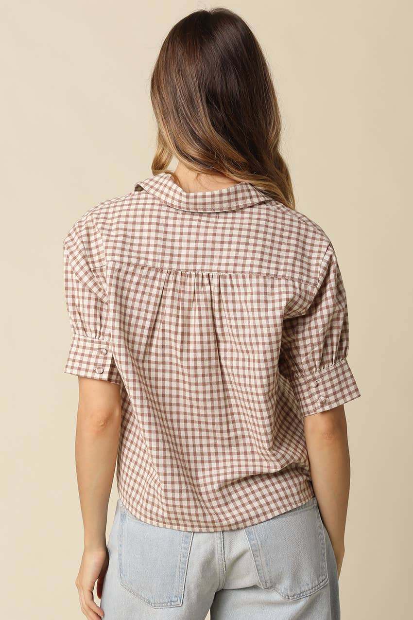 Olivaceous - Anni Gingham Puff Sleeve Blouse