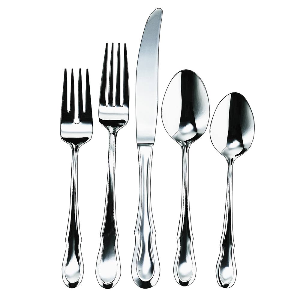 Five pieces from the Ginkgo "Celine - Platinum" Stainless Flatware set by Gingko—a salad fork, dinner fork, knife, soup spoon, and teaspoon—are arranged neatly side by side on a white background.