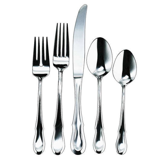 Five pieces from the Ginkgo "Celine - Platinum" Stainless Flatware set by Gingko—a salad fork, dinner fork, knife, soup spoon, and teaspoon—are arranged neatly side by side on a white background.