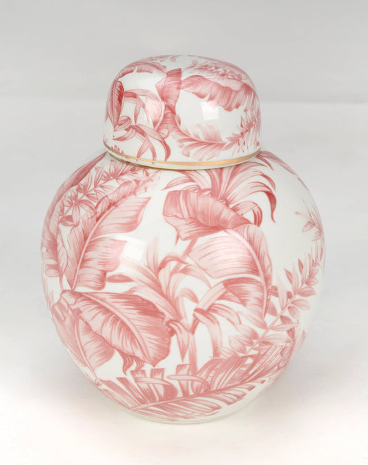 AA Importing Tropical Leaf round porcelain ginger jar with pink and white botanical leaf pattern and lid