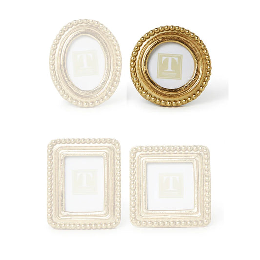 Two's Company Beaded Gold Photo Frames showing gold and pearl finishes side-by-side for color comparison