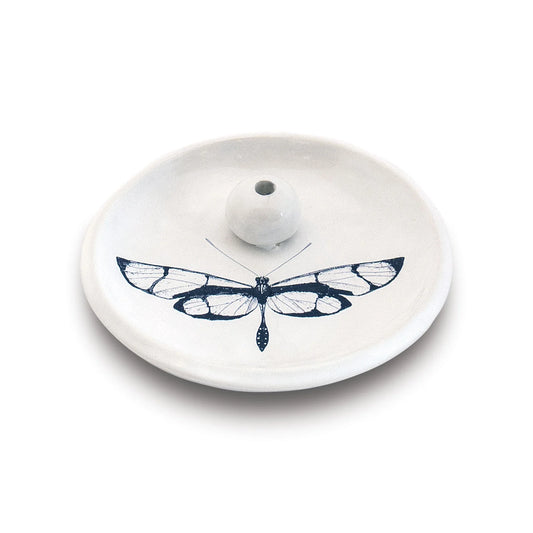 Skeem citronella incense holder, white ceramic dish with navy dragonfly design and center cone