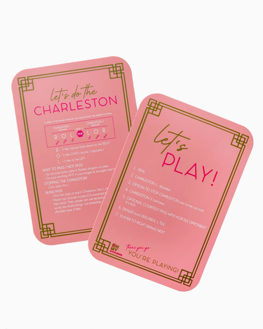 Oh My Mahjong Coral Shufflers pair, pink cards with gold frame border and Charleston game instructions