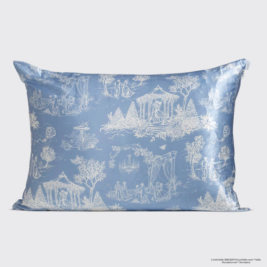 Bridgerton x Kitsch satin pillowcase in blue with cream garden toile pattern, front view