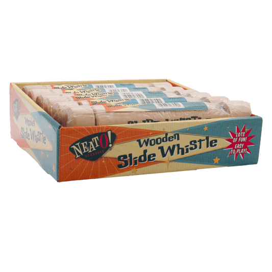 Toysmith Neato Wooden Slide Whistle retail display box containing multiple packaged wood whistles