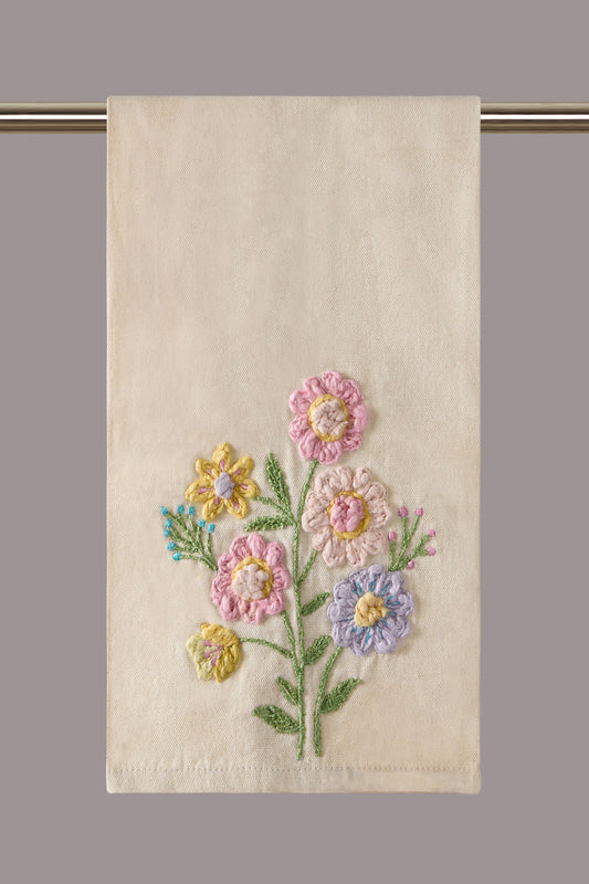 Peking Handicraft Spring Floral Kitchen Towel hung on rod, cream linen with embroidered multicolor flowers
